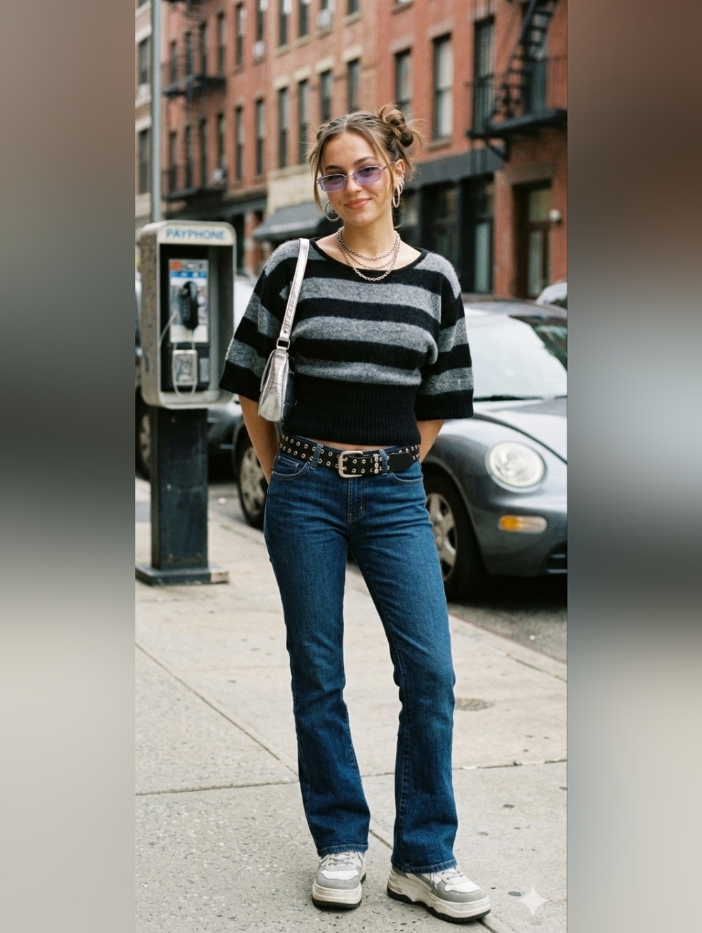 Y2K Striped Angora Blend Sweater Size M – Black/Gray Short Sleeve Cable & Gauge